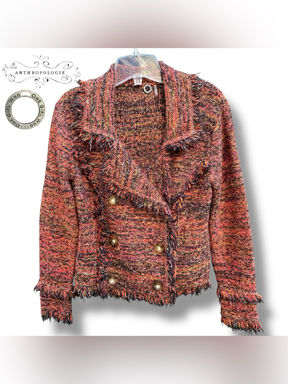Anthro One Girl Who Wool Blend Tweed Fringe Double Breasted Sweater Jacket | L